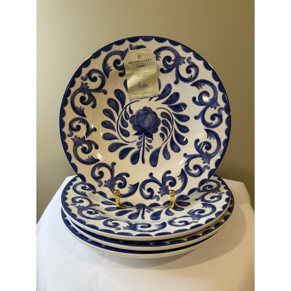 Set of 4 BLUE ROSE SCROLL 9" Salad Side Plates ARTISAN DE LUXE Home MELAMINE New
